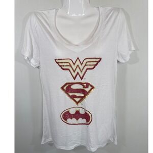 Justice League Womens White V-Neck Graphic Tee Wonder Woman Superman Batman S